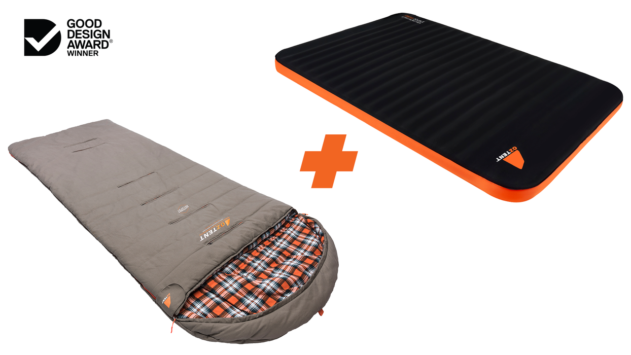 Oztent Stratus Double Self-Inflating Mattress + Redgum HotSpot™ XL Heated Sleeping Bag